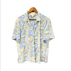 VTG DonnKenny Blue and Green Button Down Retro Print Ladies Shirt XL